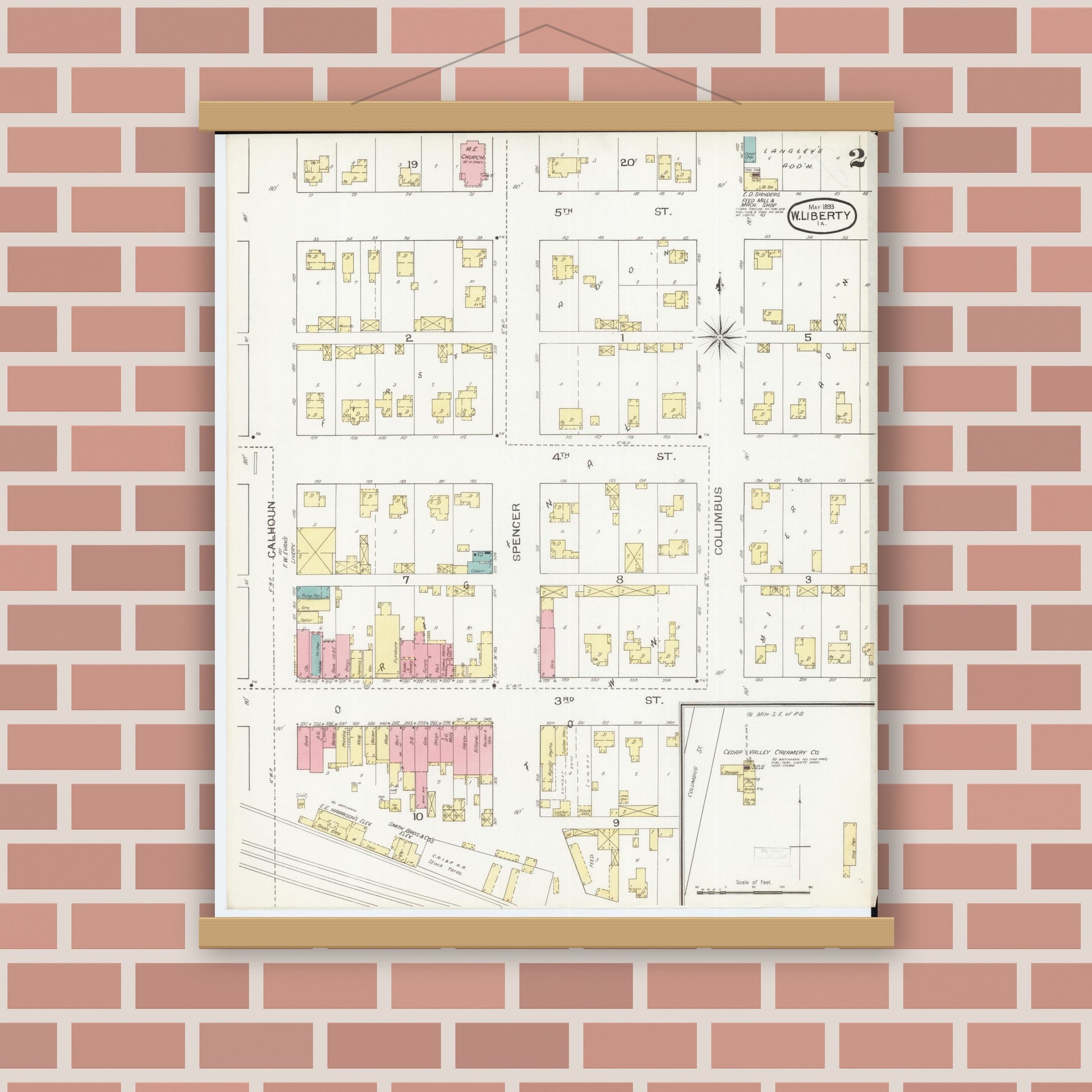 Old map wall art mockup — magnetic wood frame on brick wall — Sanborn Fire Insurance Map from West Liberty, Muscatine County, Iowa (1893), Sheet #0002