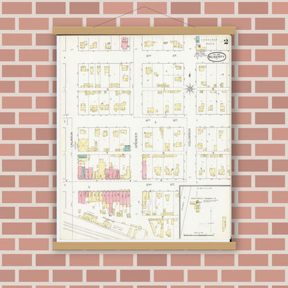 Old map wall art mockup — magnetic wood frame on brick wall — Sanborn Fire Insurance Map from West Liberty, Muscatine County, Iowa (1893), Sheet #0002