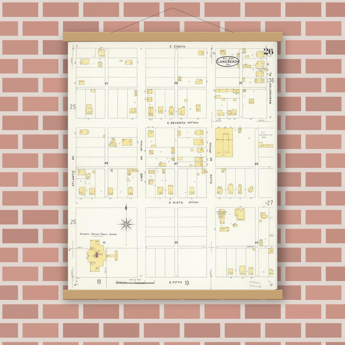 Old map wall art mockup — magnetic wood frame on brick wall — Sanborn Fire Insurance Map from Long Beach, Los Angeles County, California (1908), Sheet #0026