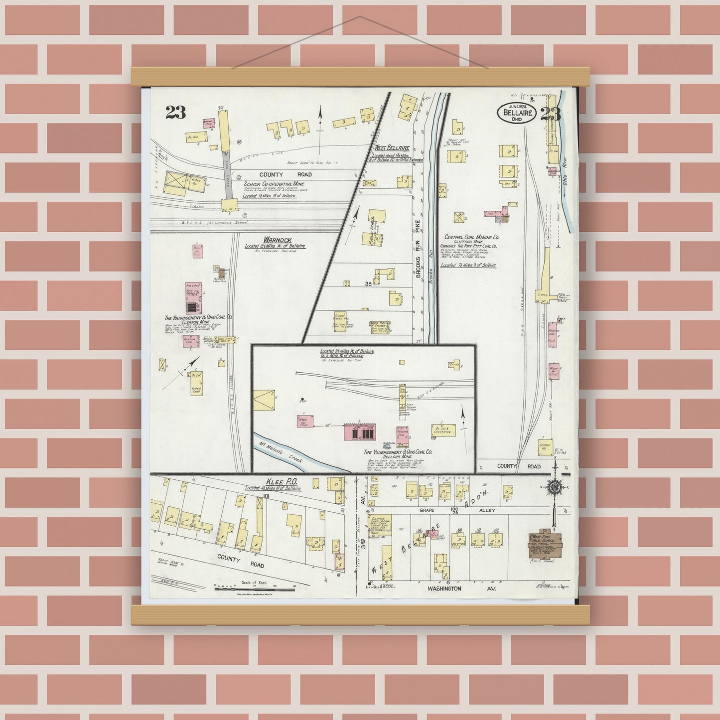 Old map wall art mockup — magnetic wood frame on brick wall — Sanborn Fire Insurance Map from Bellaire, Belmont County, Ohio (1924), Sheet #0023