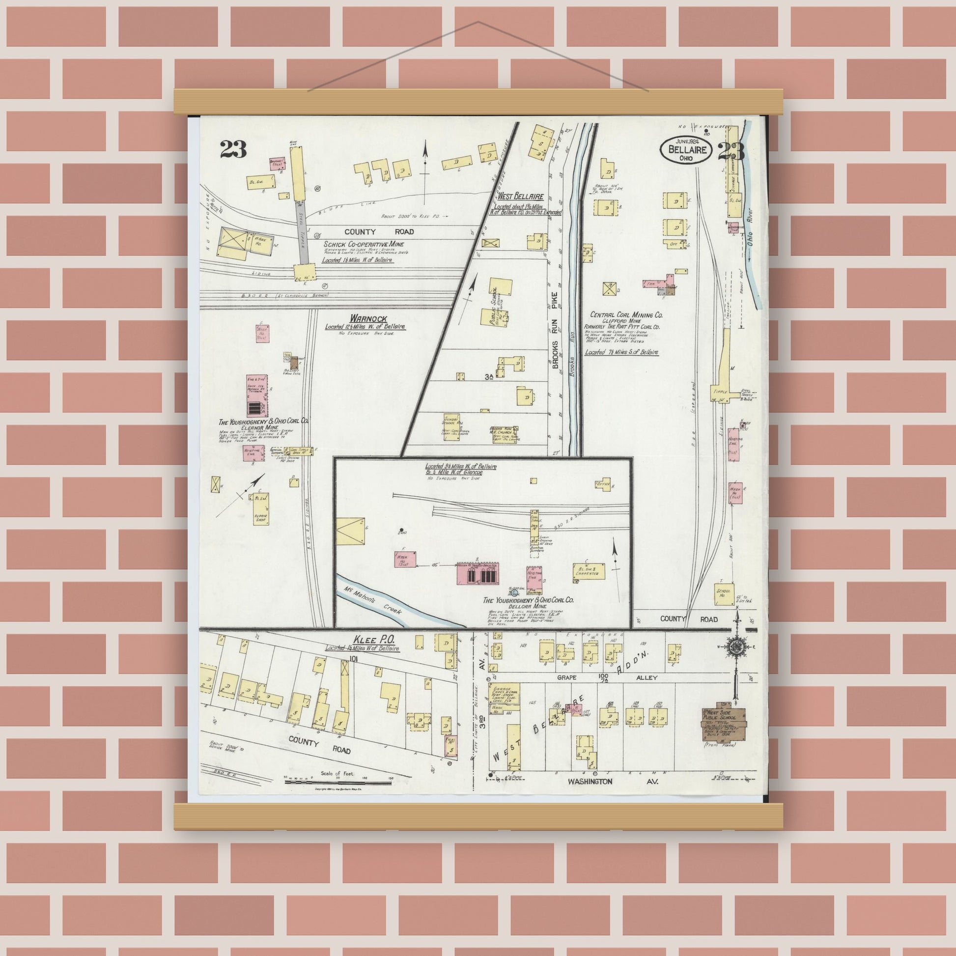 Old map wall art mockup — magnetic wood frame on brick wall — Sanborn Fire Insurance Map from Bellaire, Belmont County, Ohio (1924), Sheet #0023