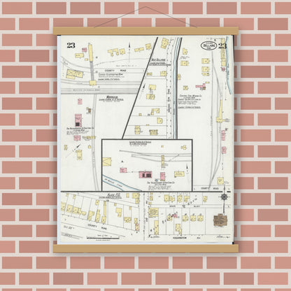 Old map wall art mockup — magnetic wood frame on brick wall — Sanborn Fire Insurance Map from Bellaire, Belmont County, Ohio (1924), Sheet #0023