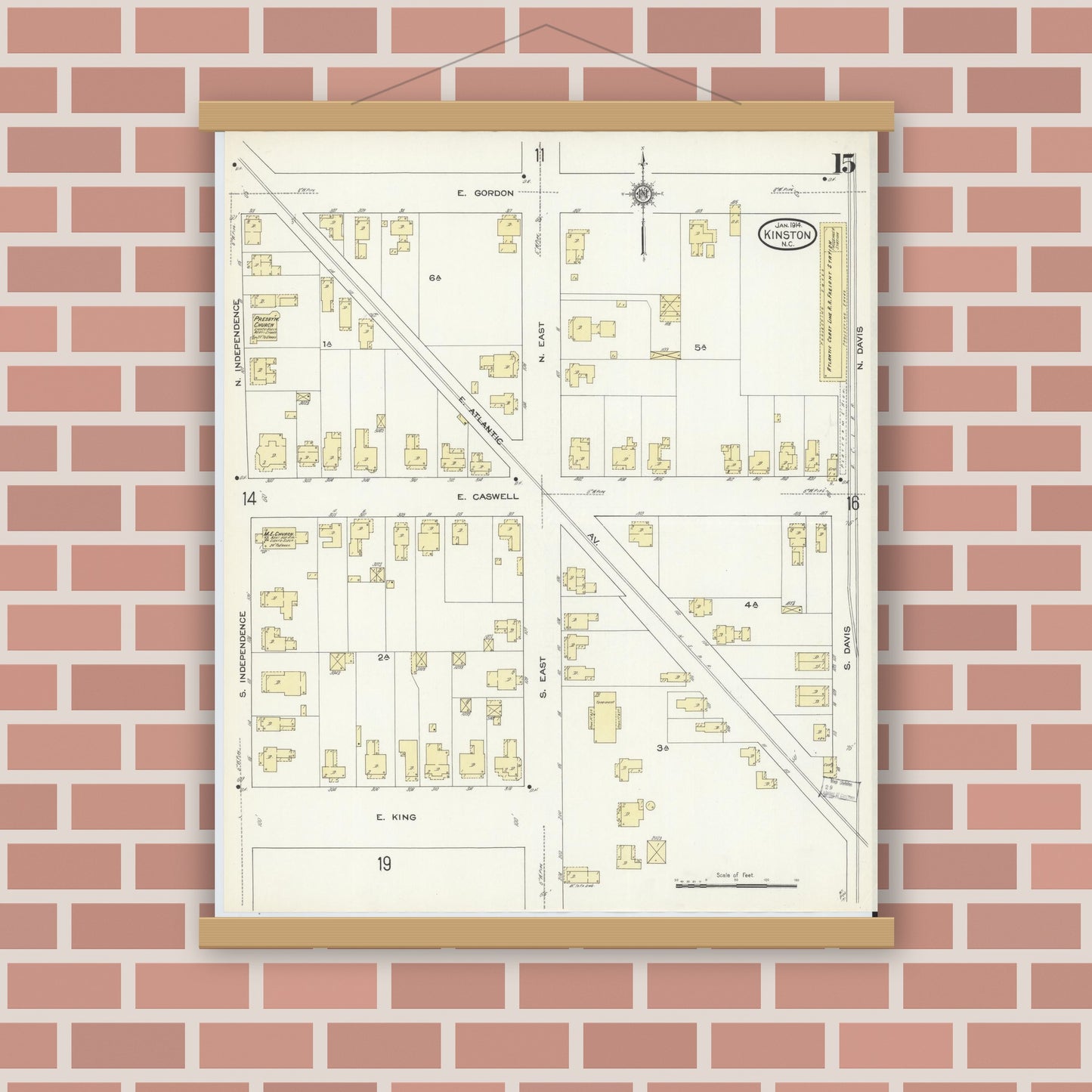 Old map wall art mockup — magnetic wood frame on brick wall — Sanborn Fire Insurance Map from Kinston, Lenoir County, North Carolina (1914), Sheet #0015
