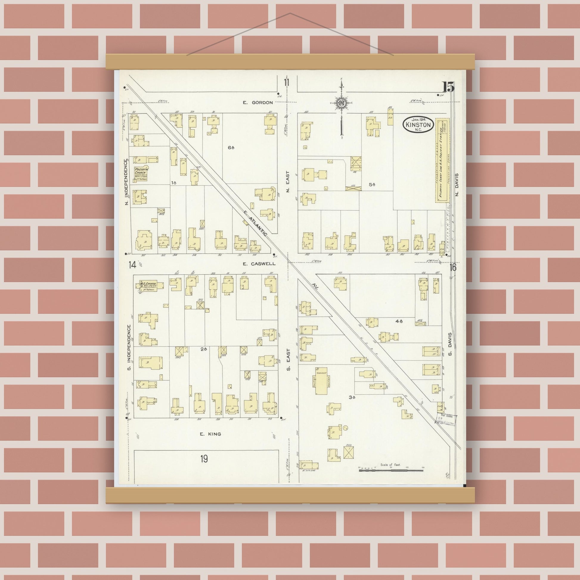 Old map wall art mockup — magnetic wood frame on brick wall — Sanborn Fire Insurance Map from Kinston, Lenoir County, North Carolina (1914), Sheet #0015