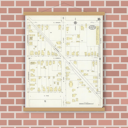 Old map wall art mockup — magnetic wood frame on brick wall — Sanborn Fire Insurance Map from Kinston, Lenoir County, North Carolina (1914), Sheet #0015