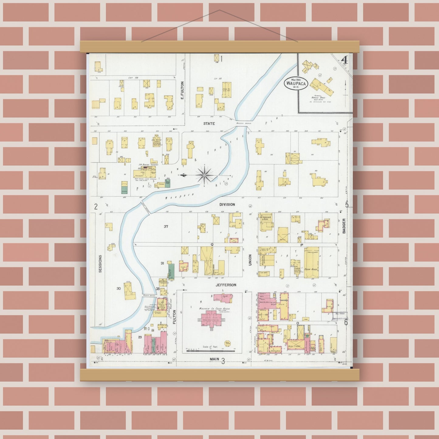 Old map wall art mockup — magnetic wood frame on brick wall — Sanborn Fire Insurance Map from Waupaca, Waupaca County, Wisconsin (1901), Sheet #0004