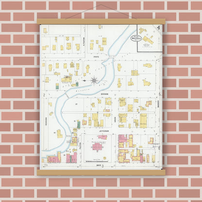 Old map wall art mockup — magnetic wood frame on brick wall — Sanborn Fire Insurance Map from Waupaca, Waupaca County, Wisconsin (1901), Sheet #0004