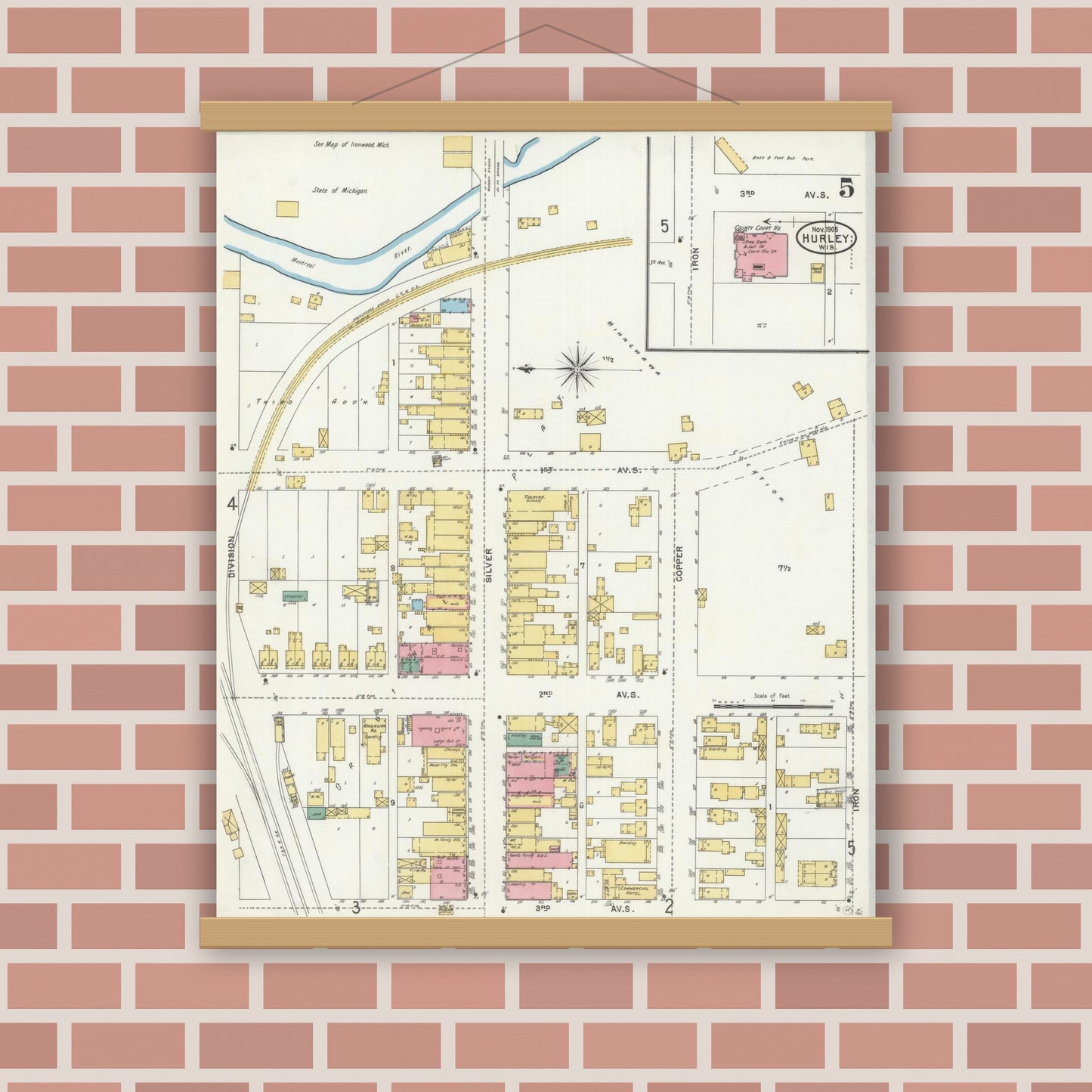 Old map wall art mockup — magnetic wood frame on brick wall — Sanborn Fire Insurance Map from Hurley, Iron County, Wisconsin (1905), Sheet #0005