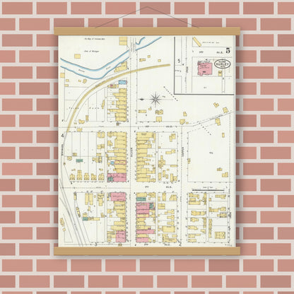 Old map wall art mockup — magnetic wood frame on brick wall — Sanborn Fire Insurance Map from Hurley, Iron County, Wisconsin (1905), Sheet #0005
