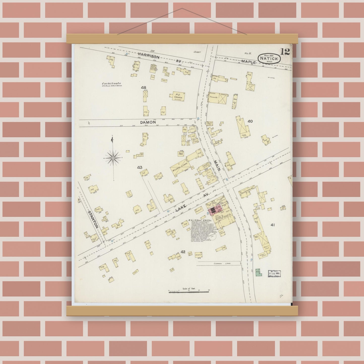 Old map wall art mockup — magnetic wood frame on brick wall — Sanborn Fire Insurance Map from Natick, Middlesex County, Massachusetts (1888), Sheet #0012