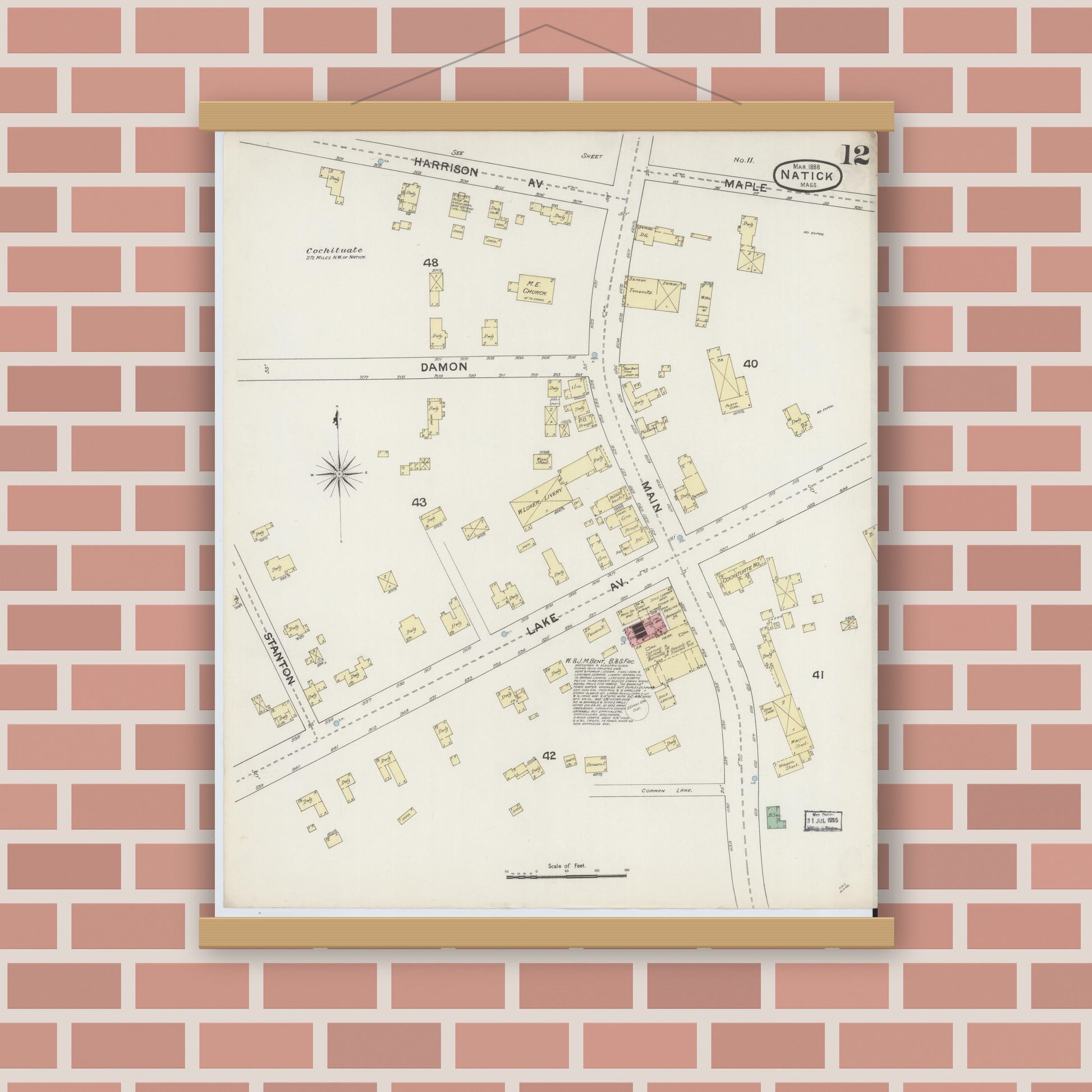 Old map wall art mockup — magnetic wood frame on brick wall — Sanborn Fire Insurance Map from Natick, Middlesex County, Massachusetts (1888), Sheet #0012