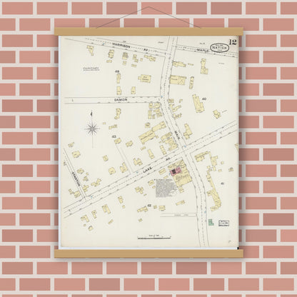 Old map wall art mockup — magnetic wood frame on brick wall — Sanborn Fire Insurance Map from Natick, Middlesex County, Massachusetts (1888), Sheet #0012
