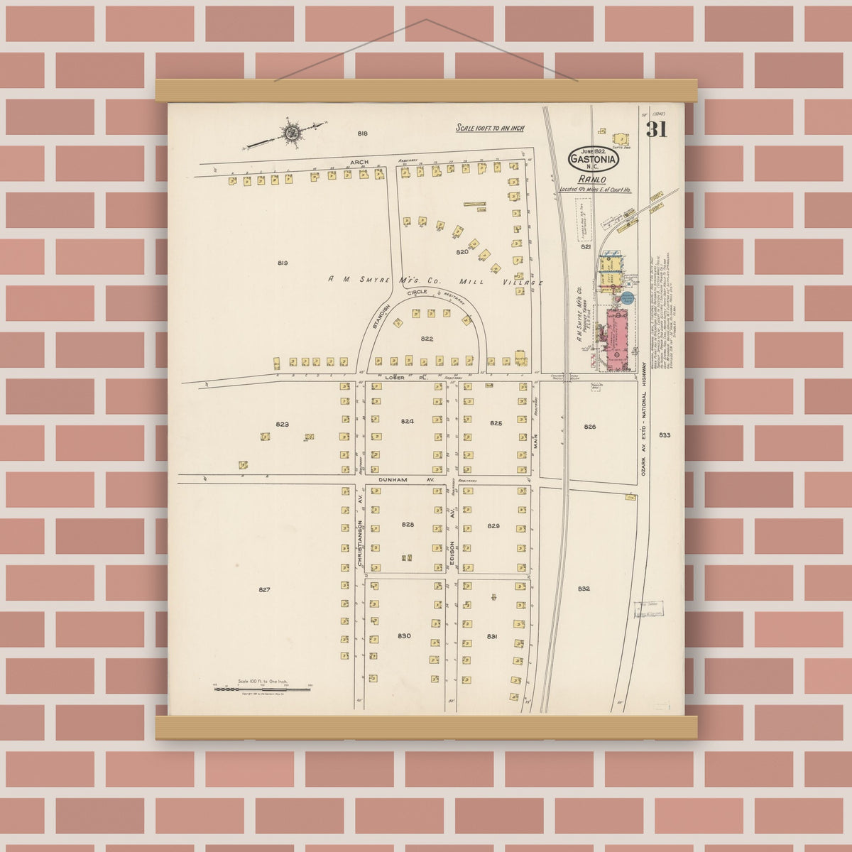 Old map wall art mockup — magnetic wood frame on brick wall — Sanborn Fire Insurance Map from Gastonia, Gaston County, North Carolina (1922), Sheet #0031