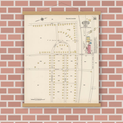 Old map wall art mockup — magnetic wood frame on brick wall — Sanborn Fire Insurance Map from Gastonia, Gaston County, North Carolina (1922), Sheet #0031