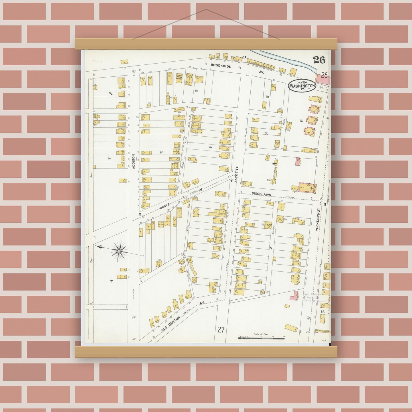 Old map wall art mockup — magnetic wood frame on brick wall — Sanborn Fire Insurance Map from Washington, Washington County, Pennsylvania (1904), Sheet #0026
