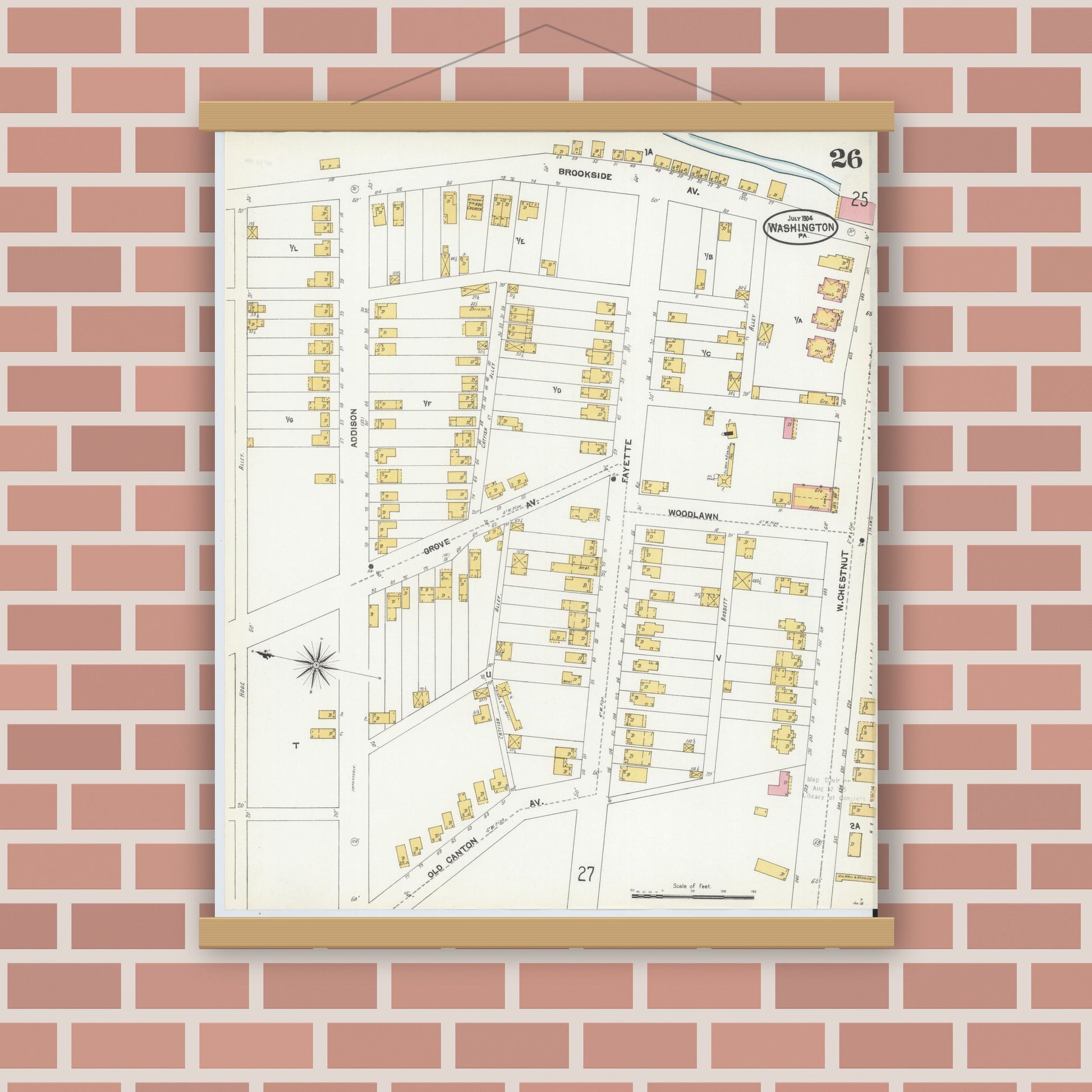 Old map wall art mockup — magnetic wood frame on brick wall — Sanborn Fire Insurance Map from Washington, Washington County, Pennsylvania (1904), Sheet #0026