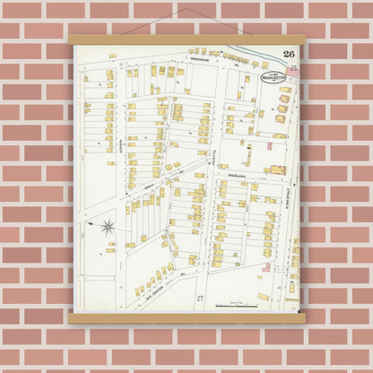 Old map wall art mockup — magnetic wood frame on brick wall — Sanborn Fire Insurance Map from Washington, Washington County, Pennsylvania (1904), Sheet #0026