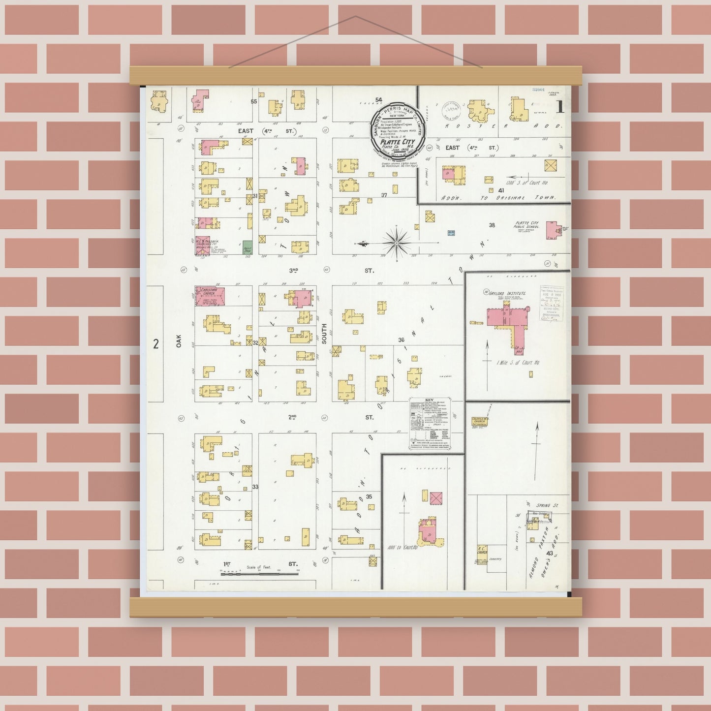 Old map wall art mockup — magnetic wood frame on brick wall — Sanborn Fire Insurance Map from Platte City, Platte County, Missouri (1900), Sheet #0001