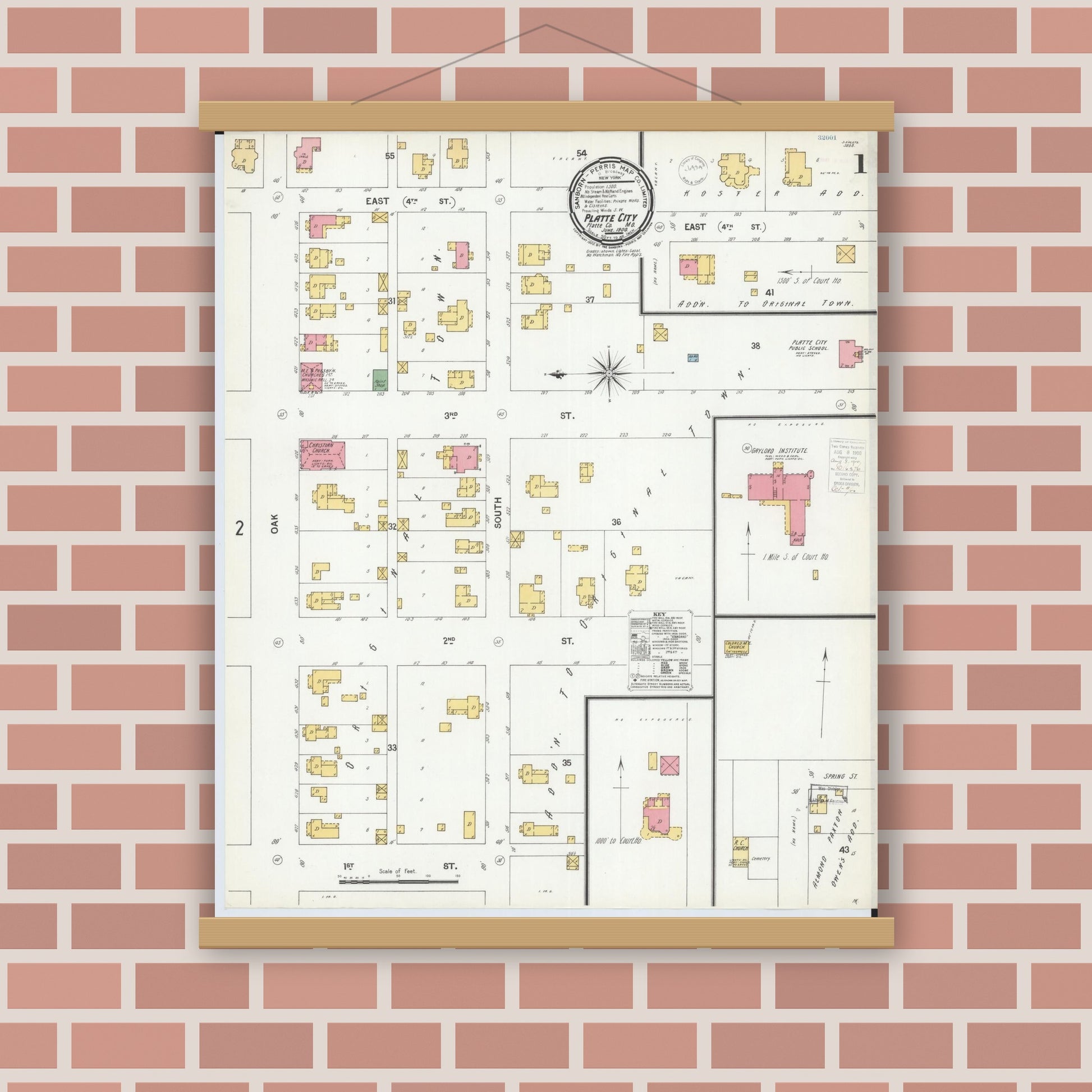 Old map wall art mockup — magnetic wood frame on brick wall — Sanborn Fire Insurance Map from Platte City, Platte County, Missouri (1900), Sheet #0001