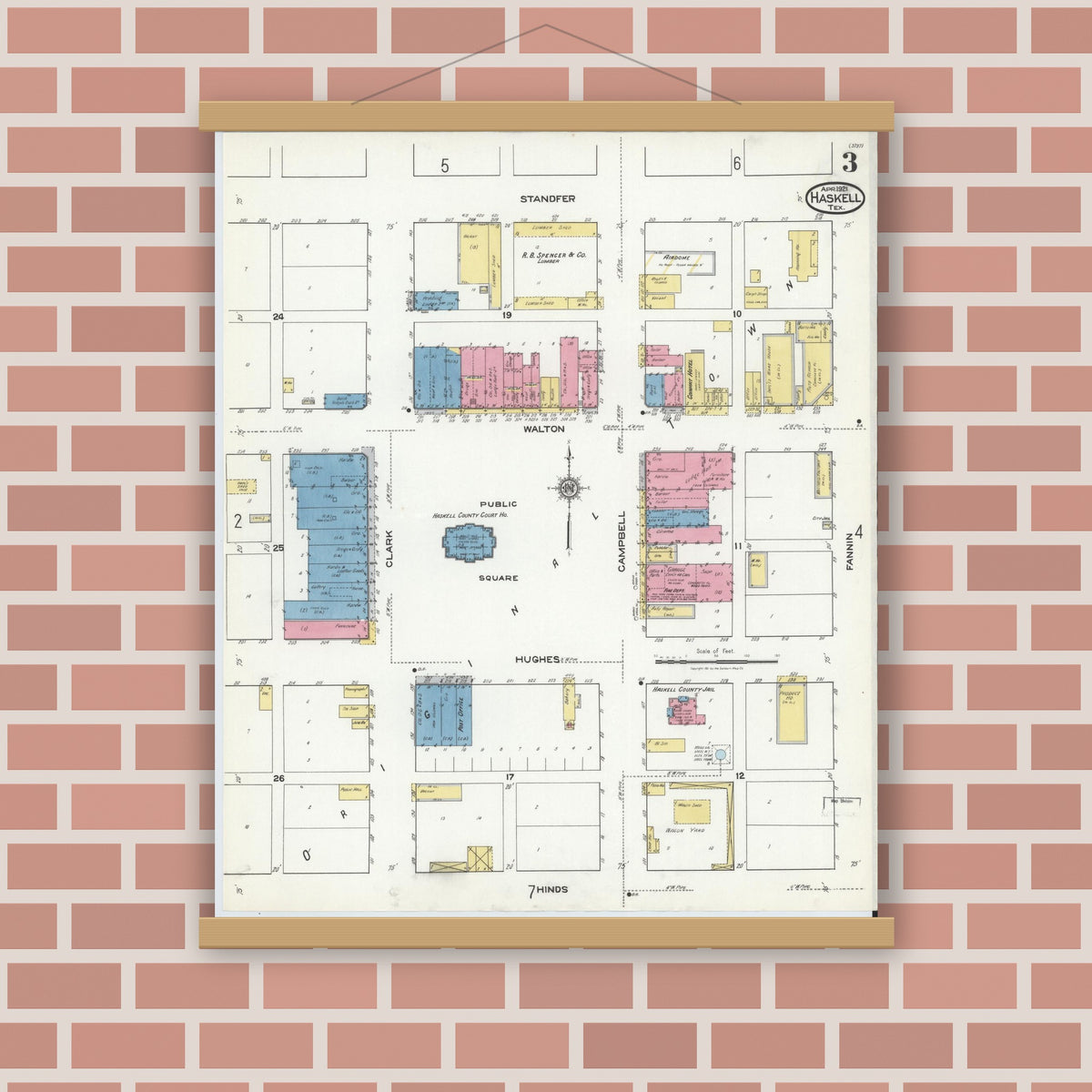 Old map wall art mockup — magnetic wood frame on brick wall — Sanborn Fire Insurance Map from Haskell, Haskell County, Texas (1921), Sheet #0003