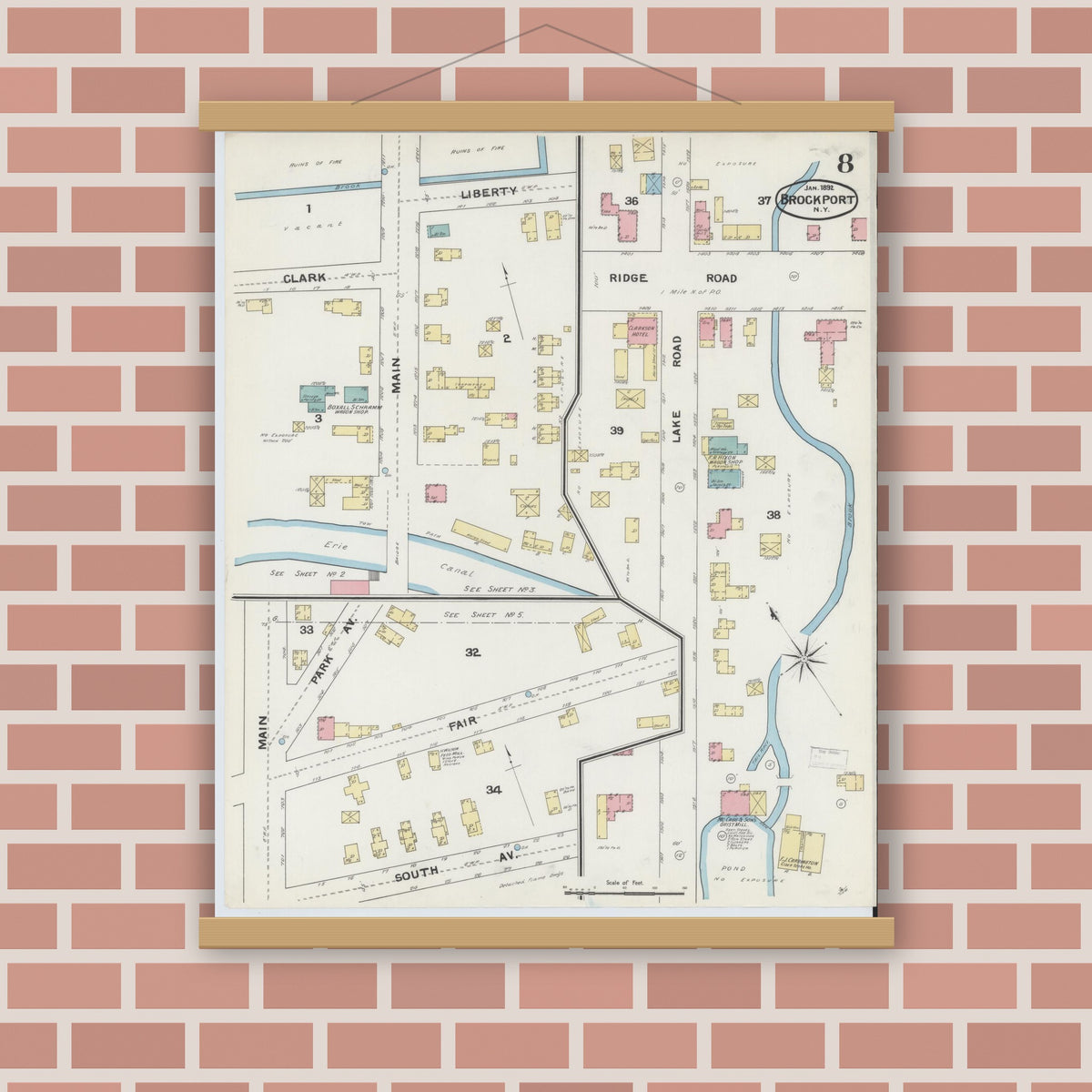 Old map wall art mockup — magnetic wood frame on brick wall — Sanborn Fire Insurance Map from Brockport, Monroe County, New York (1892), Sheet #0008