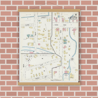 Old map wall art mockup — magnetic wood frame on brick wall — Sanborn Fire Insurance Map from Brockport, Monroe County, New York (1892), Sheet #0008