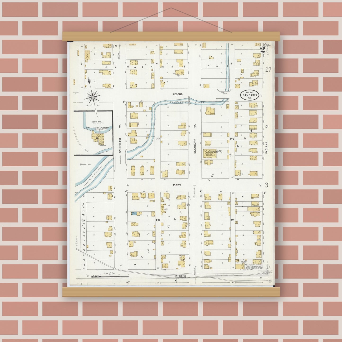 Old map wall art mockup — magnetic wood frame on brick wall — Sanborn Fire Insurance Map from Kankakee, Kankakee County, Illinois (1907), Sheet #0002