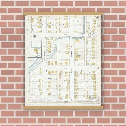 Old map wall art mockup — magnetic wood frame on brick wall — Sanborn Fire Insurance Map from Kankakee, Kankakee County, Illinois (1907), Sheet #0002