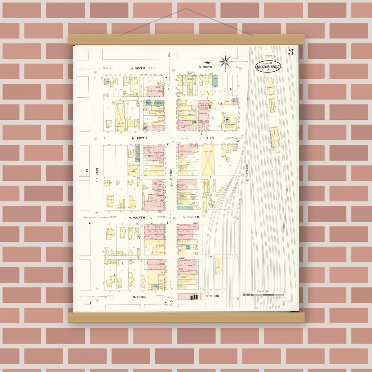 Old map wall art mockup — magnetic wood frame on brick wall — Sanborn Fire Insurance Map from Missouri Valley, Harrison County, Iowa (1908), Sheet #0003