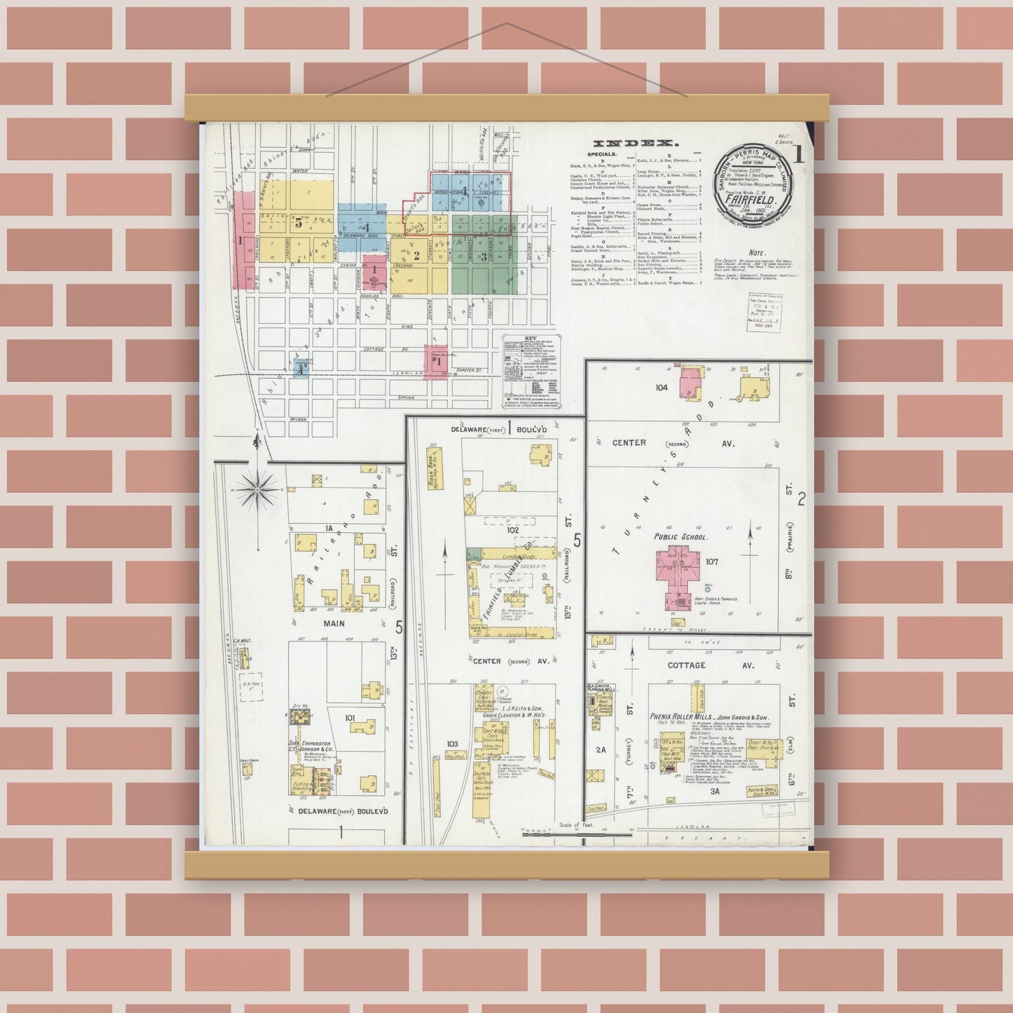 Old map wall art mockup — magnetic wood frame on brick wall — Sanborn Fire Insurance Map from Fairfield, Wayne County, Illinois (1901) - Complete Map Set