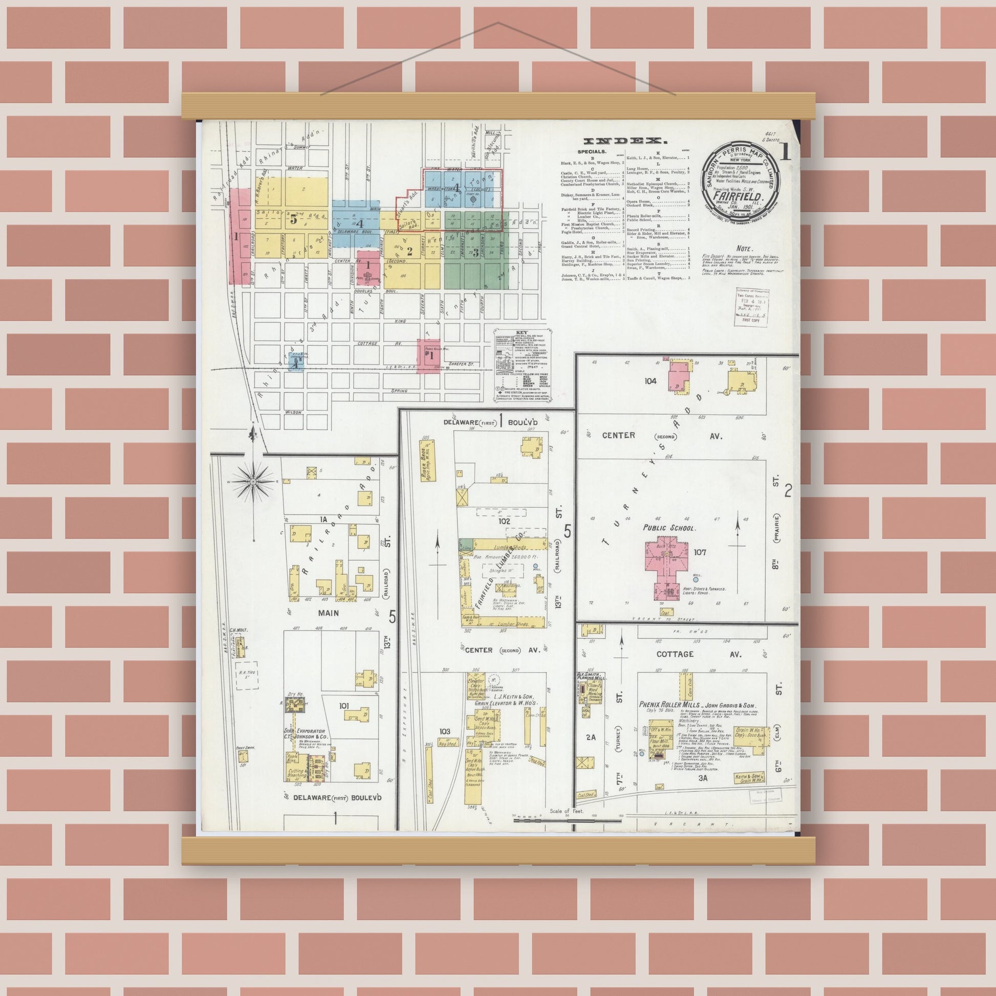 Old map wall art mockup — magnetic wood frame on brick wall — Sanborn Fire Insurance Map from Fairfield, Wayne County, Illinois (1901) - Complete Map Set