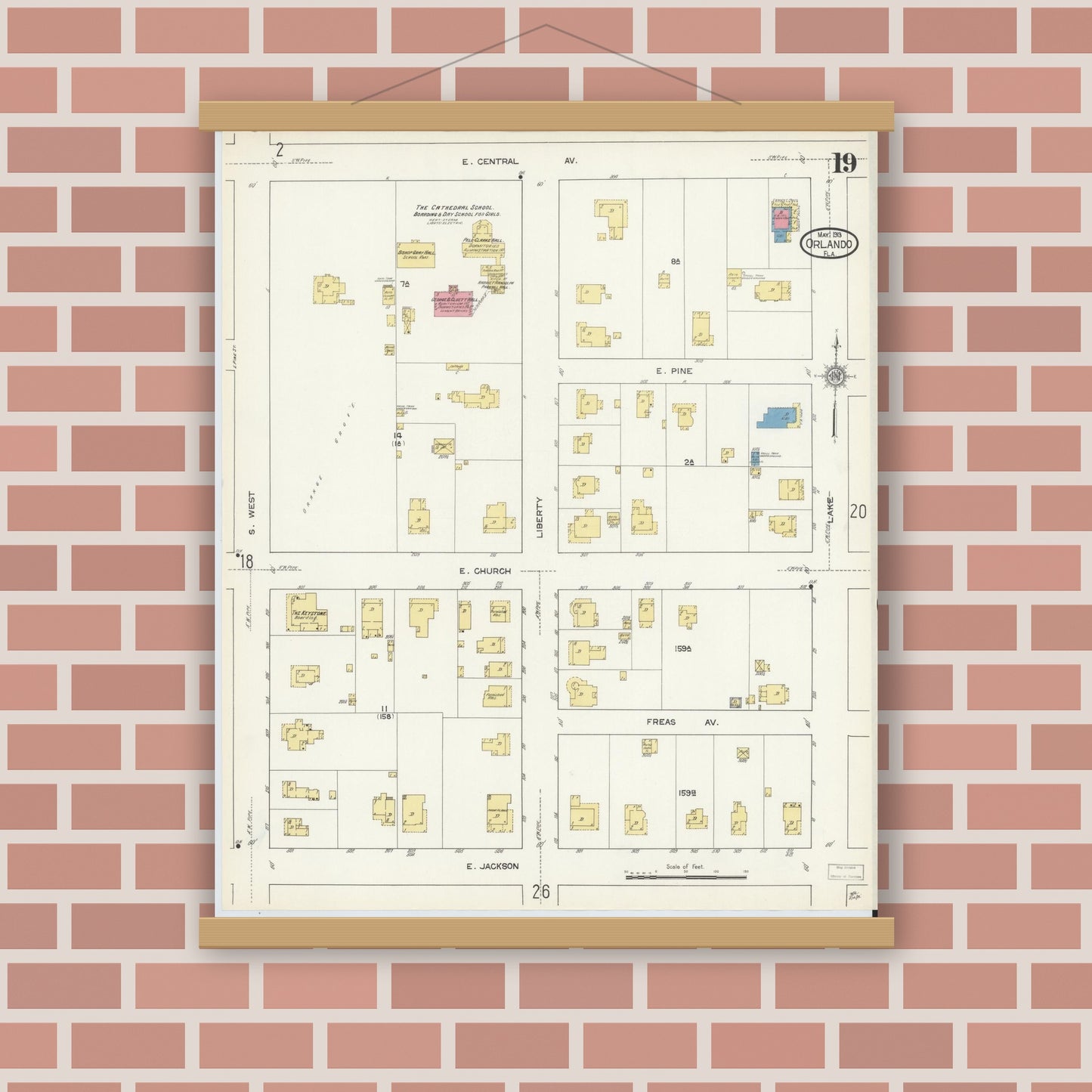 Old map wall art mockup — magnetic wood frame on brick wall — Sanborn Fire Insurance Map from Orlando, Orange County, Florida (1913), Sheet #0019