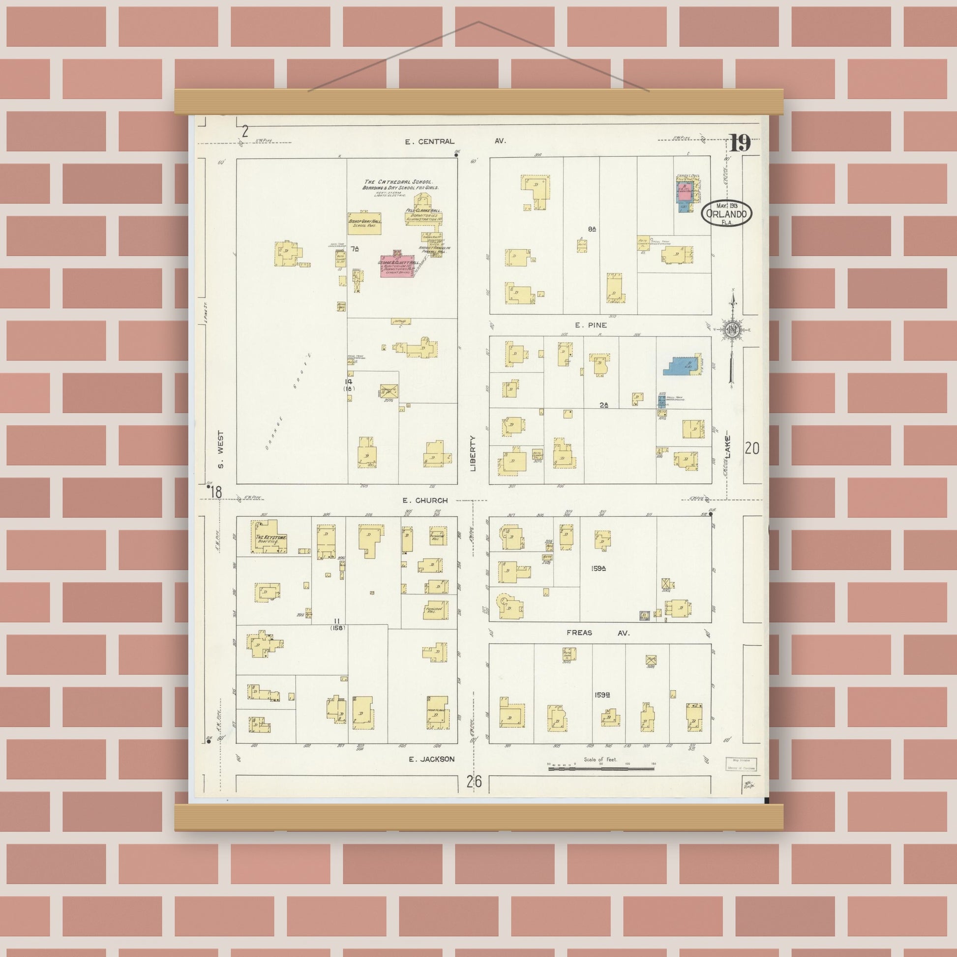 Old map wall art mockup — magnetic wood frame on brick wall — Sanborn Fire Insurance Map from Orlando, Orange County, Florida (1913), Sheet #0019
