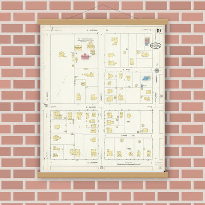 Old map wall art mockup — magnetic wood frame on brick wall — Sanborn Fire Insurance Map from Orlando, Orange County, Florida (1913), Sheet #0019