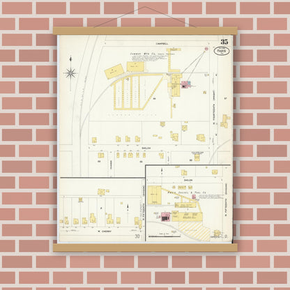 Old map wall art mockup — magnetic wood frame on brick wall — Sanborn Fire Insurance Map from Paris, Lamar County, Texas (1908), Sheet #0035