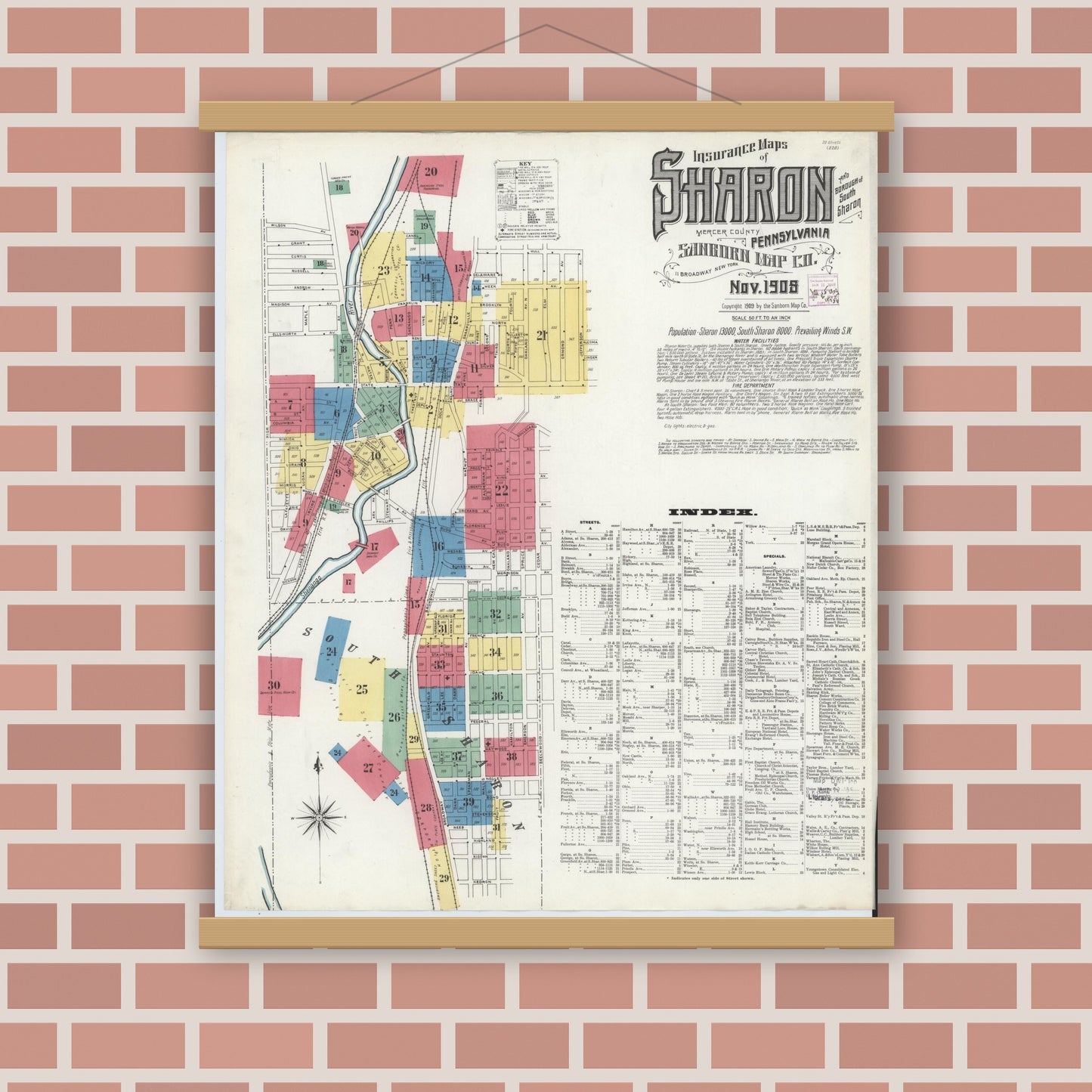 Old map wall art mockup — magnetic wood frame on brick wall — Sanborn Fire Insurance Map from Sharon, Mercer County, Pennsylvania (1908) - Complete Map Set