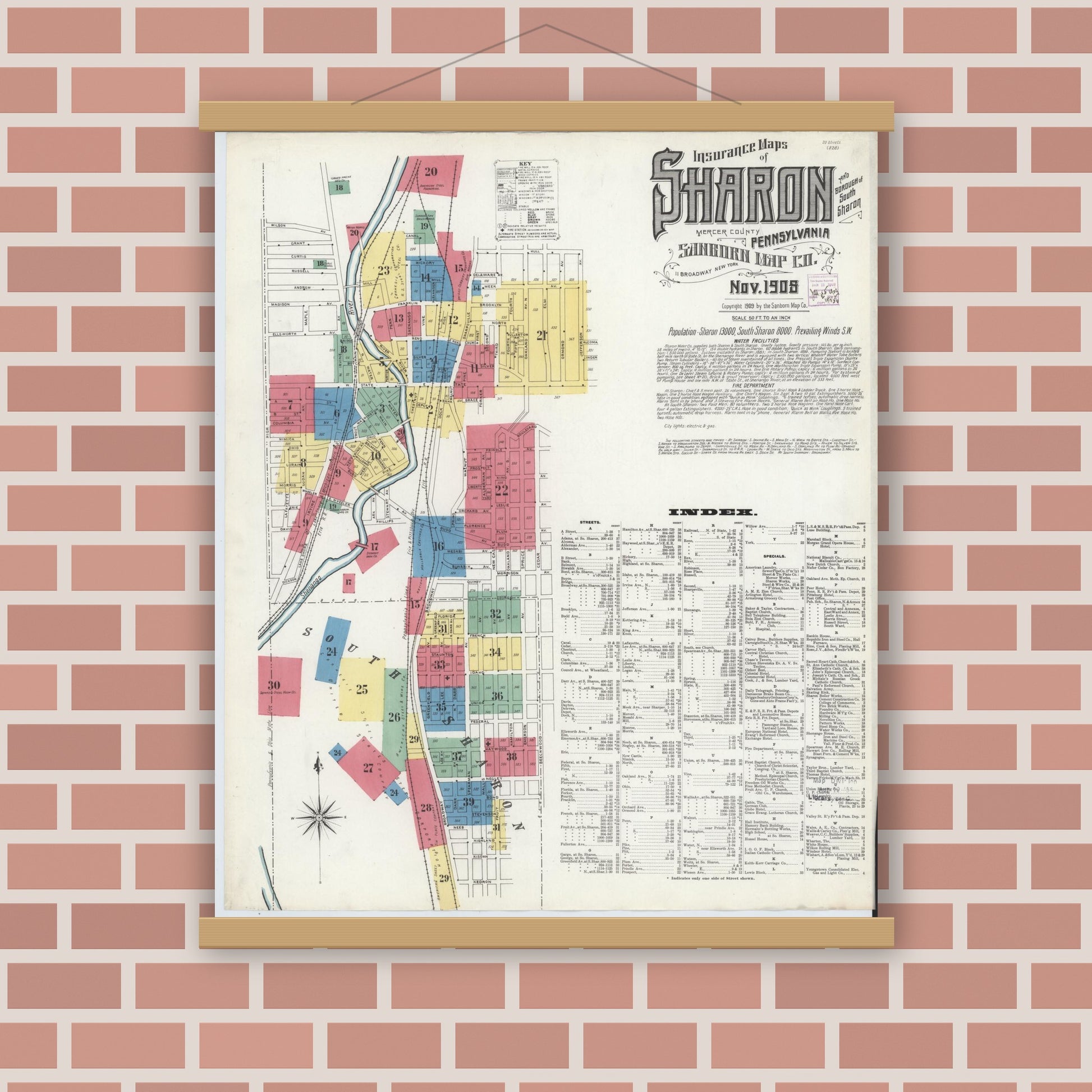 Old map wall art mockup — magnetic wood frame on brick wall — Sanborn Fire Insurance Map from Sharon, Mercer County, Pennsylvania (1908) - Complete Map Set