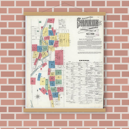 Old map wall art mockup — magnetic wood frame on brick wall — Sanborn Fire Insurance Map from Sharon, Mercer County, Pennsylvania (1908) - Complete Map Set