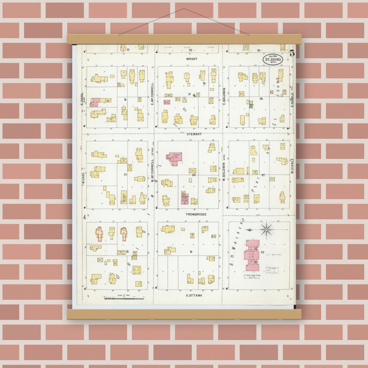 Old map wall art mockup — magnetic wood frame on brick wall — Sanborn Fire Insurance Map from Saint Johns, Clinton County, Michigan (1900), Sheet #0005