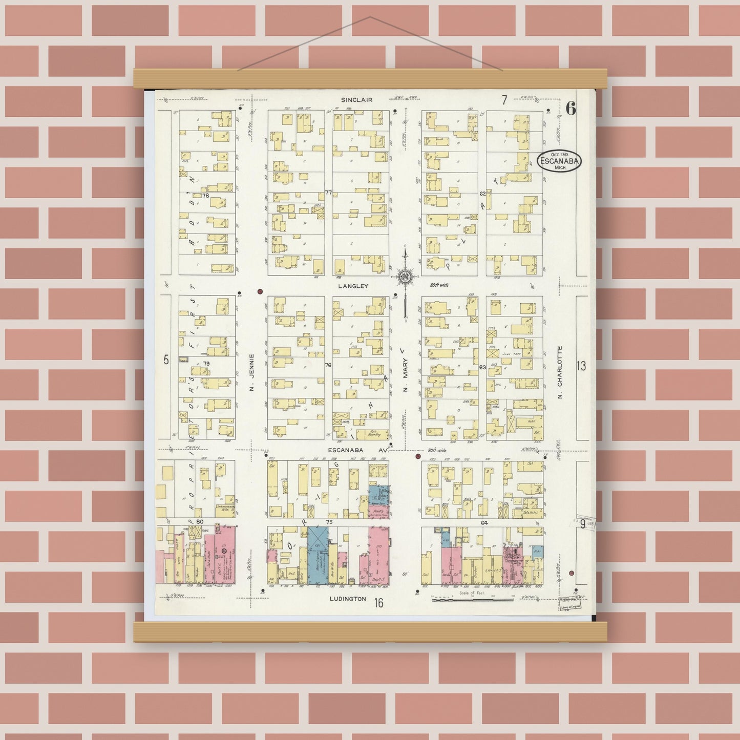 Old map wall art mockup — magnetic wood frame on brick wall — Sanborn Fire Insurance Map from Escanaba, Delta County, Michigan (1913), Sheet #0006