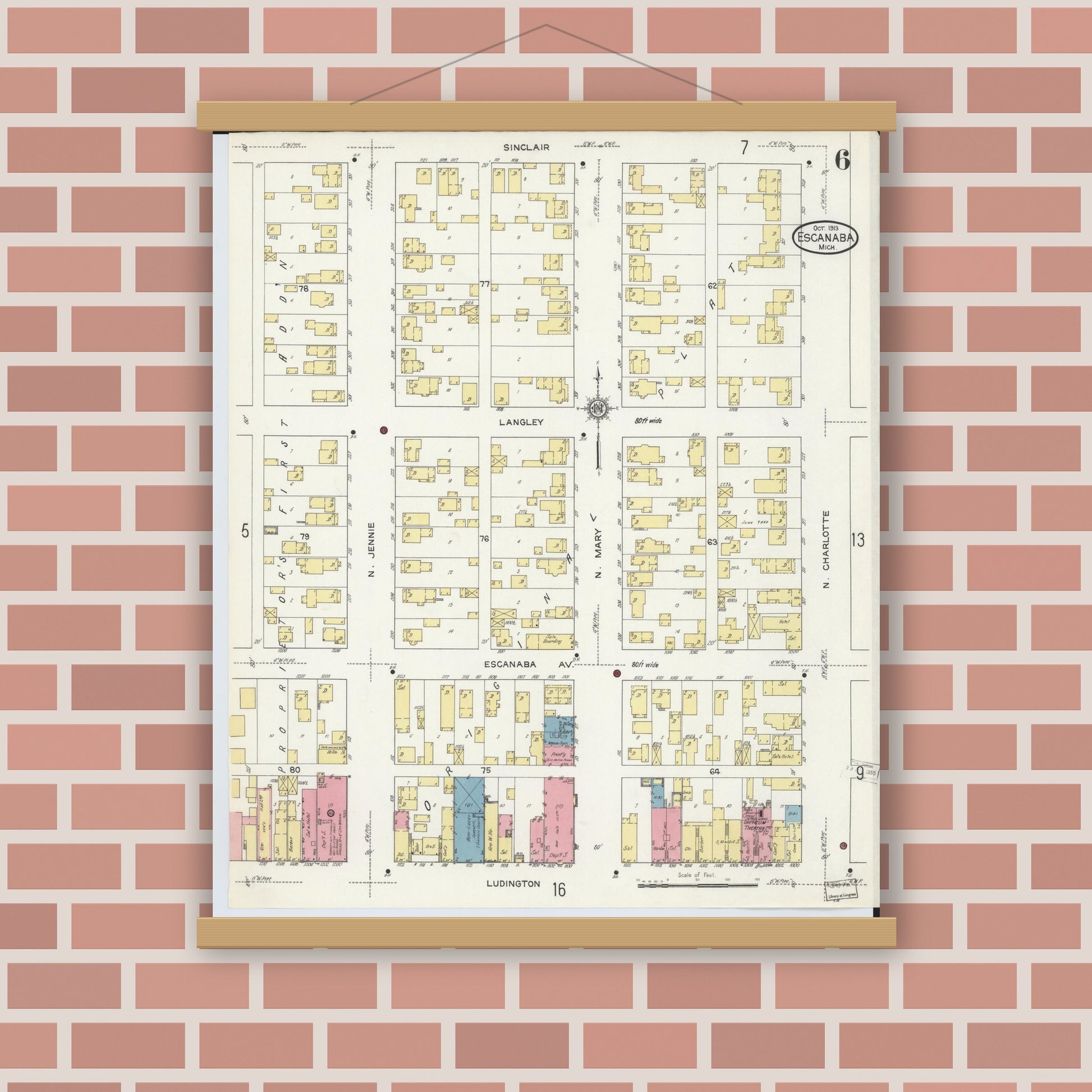 Old map wall art mockup — magnetic wood frame on brick wall — Sanborn Fire Insurance Map from Escanaba, Delta County, Michigan (1913), Sheet #0006