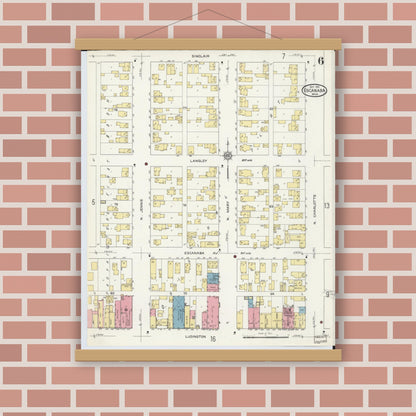 Old map wall art mockup — magnetic wood frame on brick wall — Sanborn Fire Insurance Map from Escanaba, Delta County, Michigan (1913), Sheet #0006