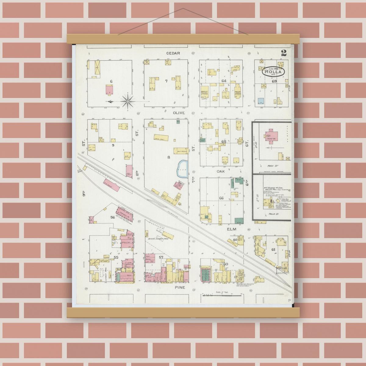 Old map wall art mockup — magnetic wood frame on brick wall — Sanborn Fire Insurance Map from Rolla, Phelps County, Missouri (1893), Sheet #0002