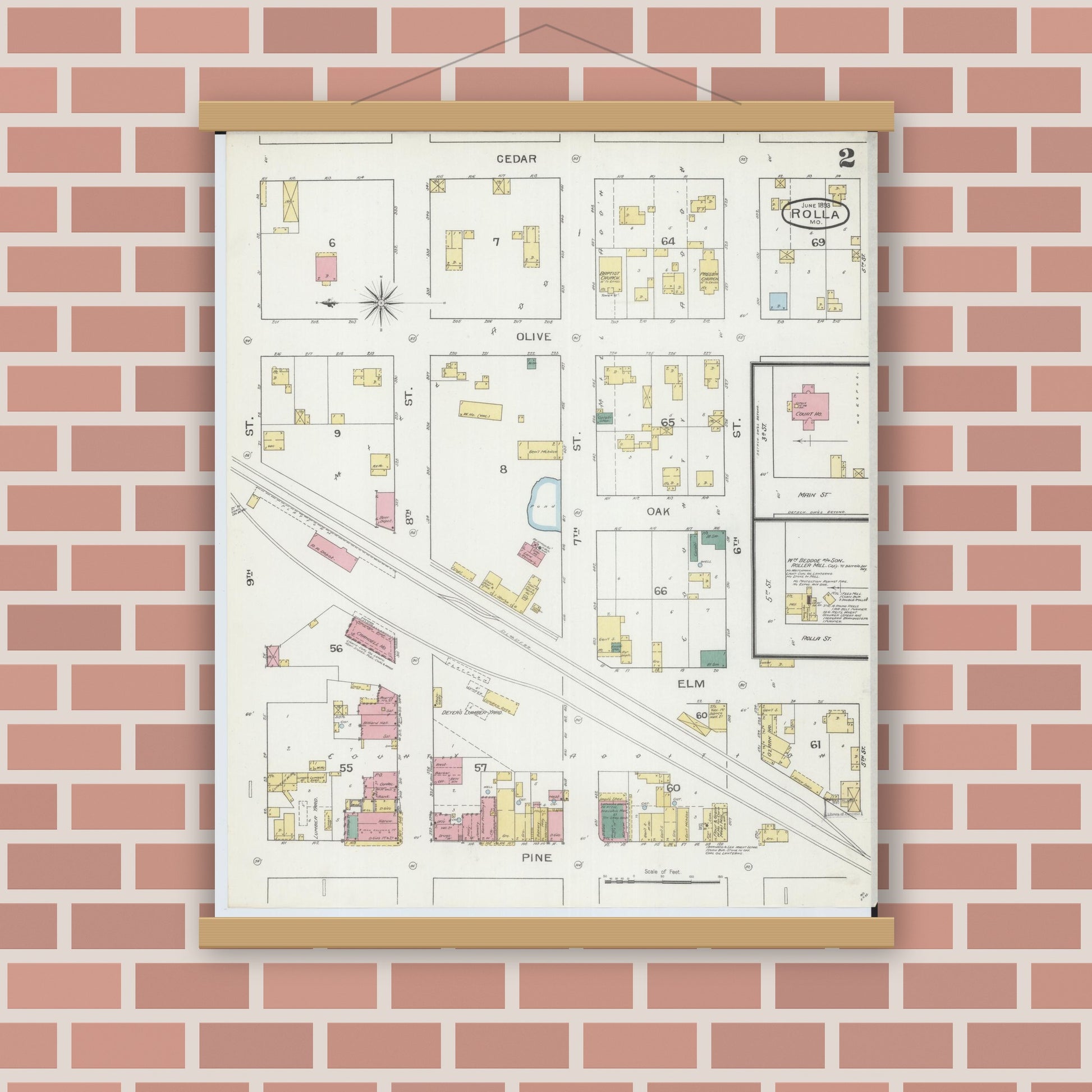 Old map wall art mockup — magnetic wood frame on brick wall — Sanborn Fire Insurance Map from Rolla, Phelps County, Missouri (1893), Sheet #0002