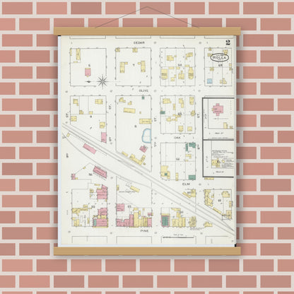 Old map wall art mockup — magnetic wood frame on brick wall — Sanborn Fire Insurance Map from Rolla, Phelps County, Missouri (1893), Sheet #0002