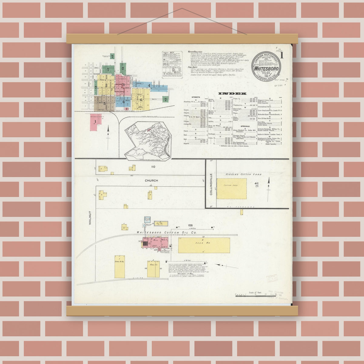 Old map wall art mockup — magnetic wood frame on brick wall — Sanborn Fire Insurance Map from Whitesboro, Grayson County, Texas (1915) - Complete Map Set