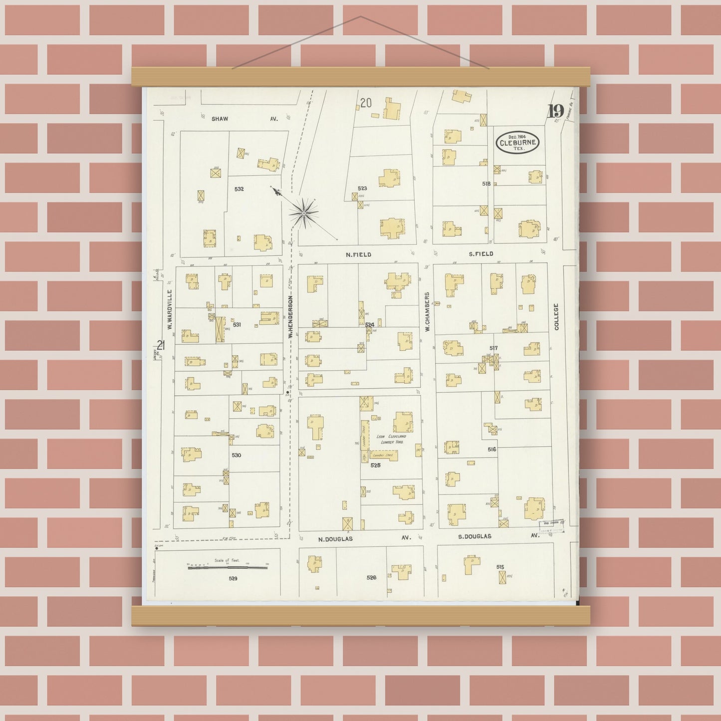 Old map wall art mockup — magnetic wood frame on brick wall — Sanborn Fire Insurance Map from Cleburne, Johnson County, Texas (1904), Sheet #0019