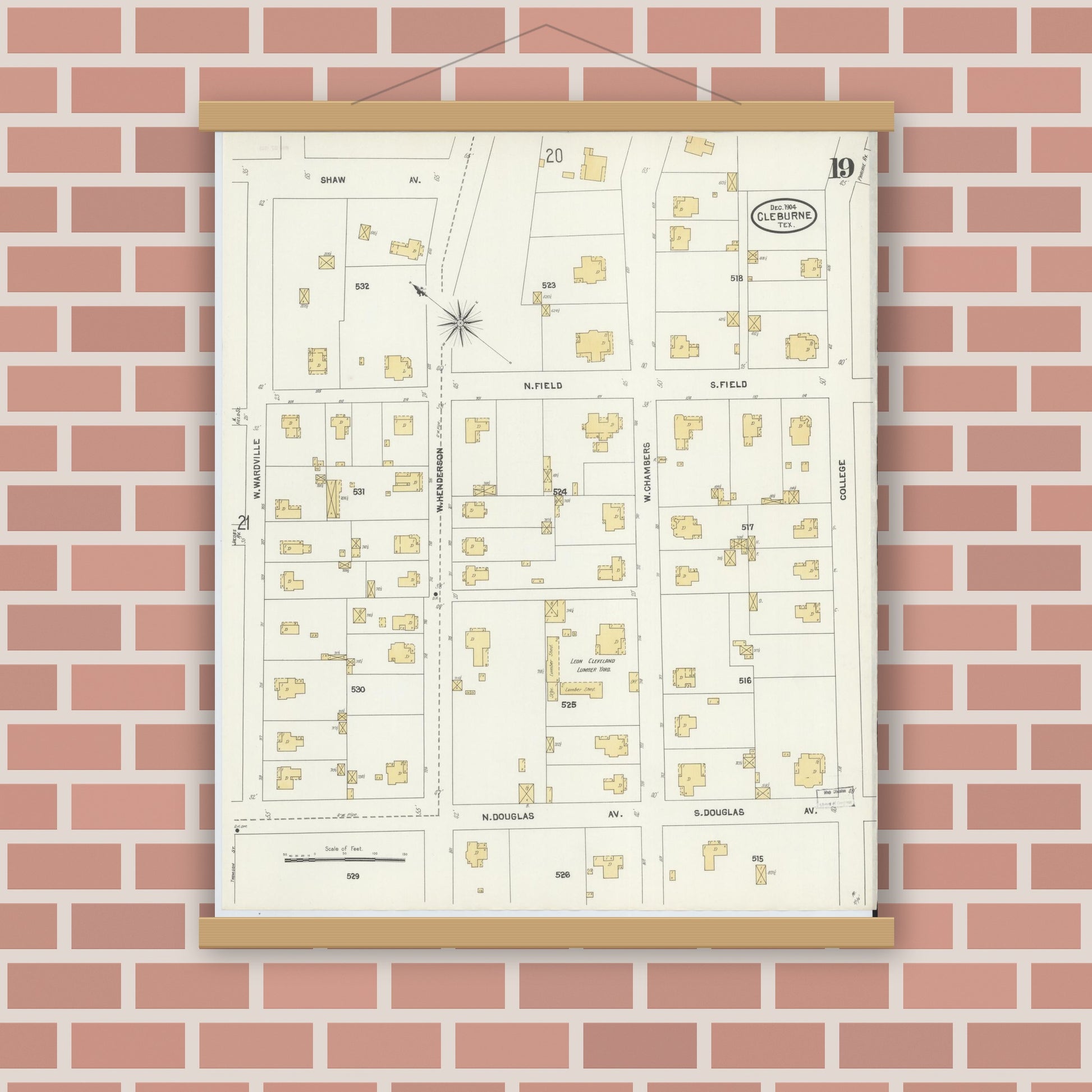 Old map wall art mockup — magnetic wood frame on brick wall — Sanborn Fire Insurance Map from Cleburne, Johnson County, Texas (1904), Sheet #0019