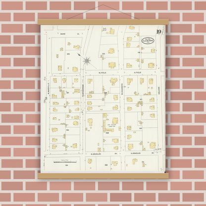 Old map wall art mockup — magnetic wood frame on brick wall — Sanborn Fire Insurance Map from Cleburne, Johnson County, Texas (1904), Sheet #0019