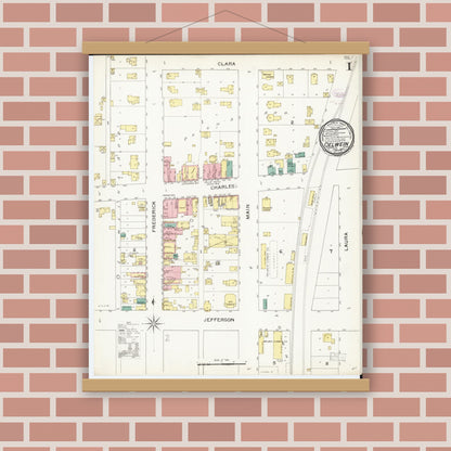 Old map wall art mockup — magnetic wood frame on brick wall — Sanborn Fire Insurance Map from Oelwein, Fayette County, Iowa (1894) â€” Complete Set